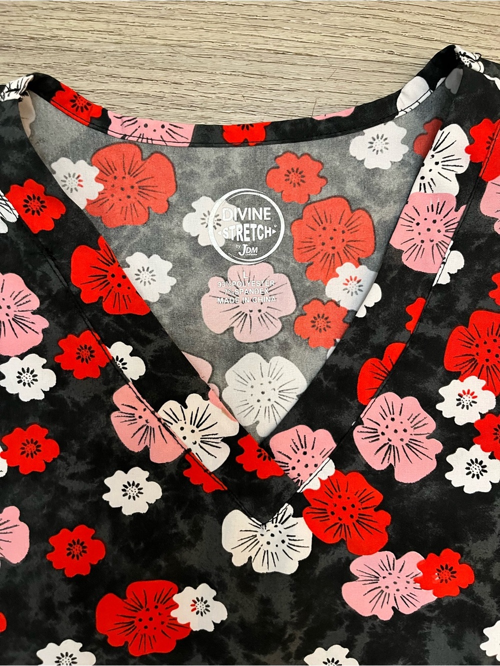 Divine Stretch Floral V-Neck Scrub Top- Black with Red, Pink & White Flowers